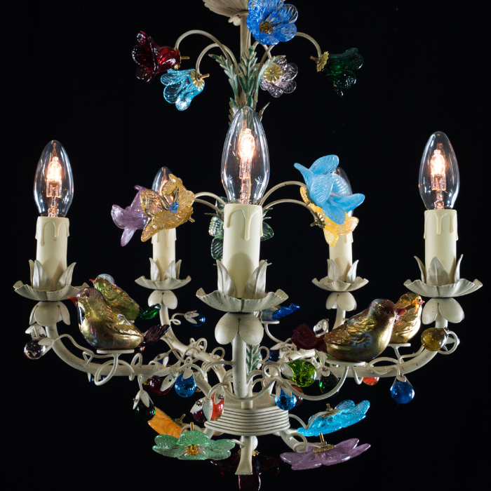 Birdsong Enchanted Garden Chandelier with Handcrafted Murano Glass Flowers, Berries and Birds on black background