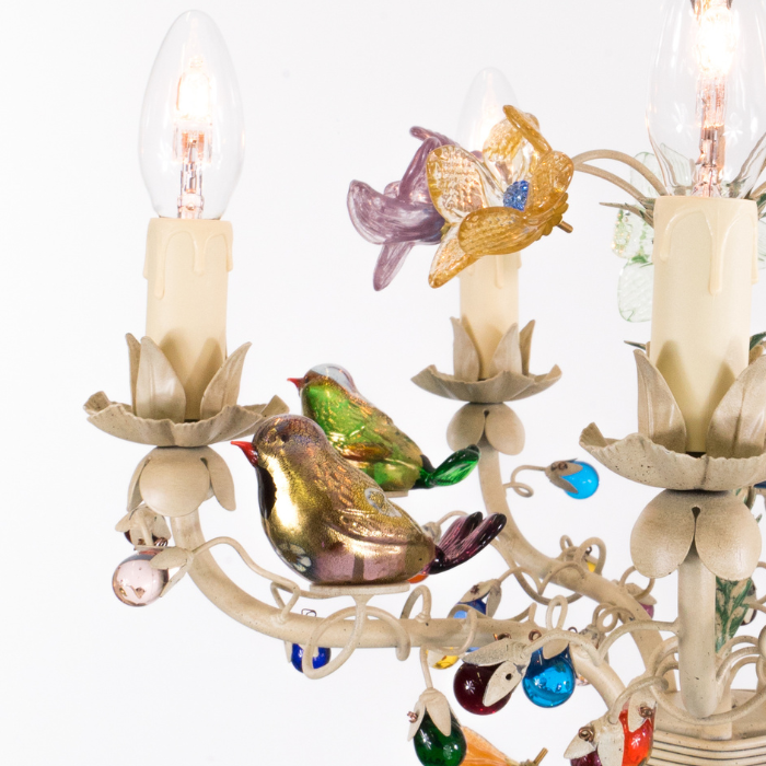 Detail of Enchanted Garden Chandelier with Handcrafted Murano Glass Flowers, Berries and Birds