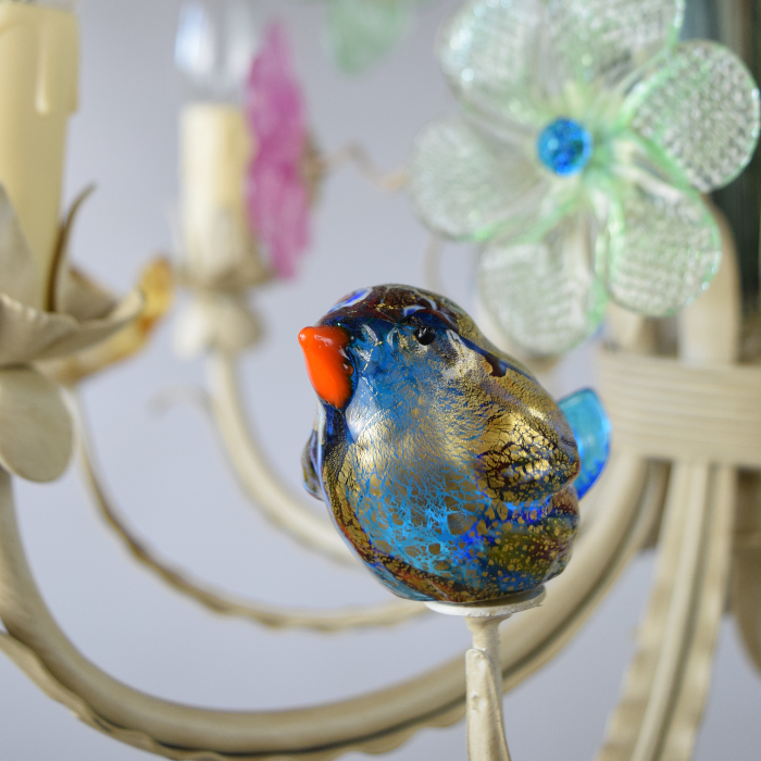 Detail of glass bird on Birdsong Blossom Chandelier with Handcrafted Murano Glass Flowers and Birds