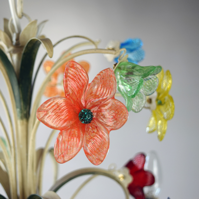 Detail of glass flower on Birdsong Blossom Chandelier with Handcrafted Murano Glass Flowers and Birds