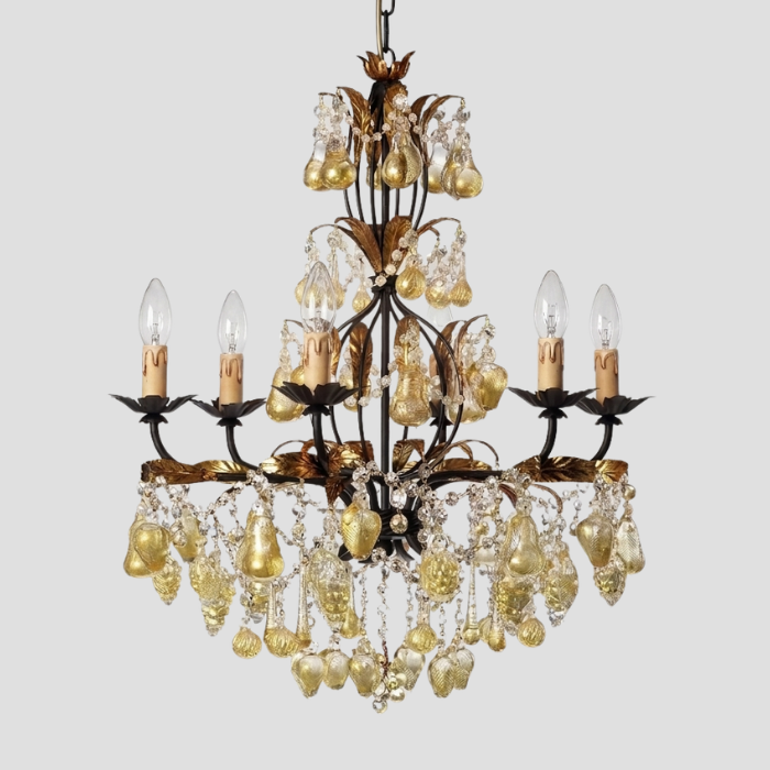 Murano glass chandelier with gold and black frame and gold glass ornaments