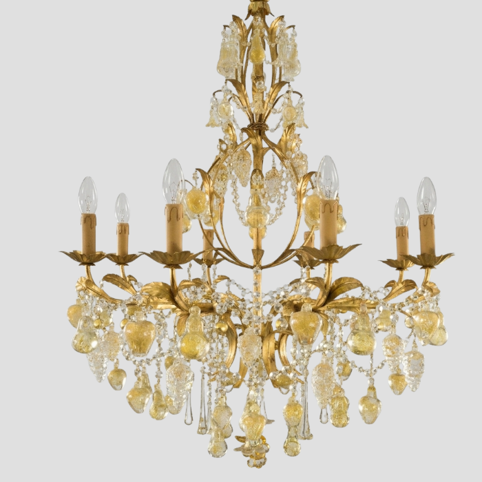 Large Golden Orchard Chandelier - Handcrafted Murano Glass Fruits on Gold Frame