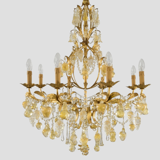Large Golden Orchard Chandelier - Handcrafted Murano Glass Fruits on Gold Frame