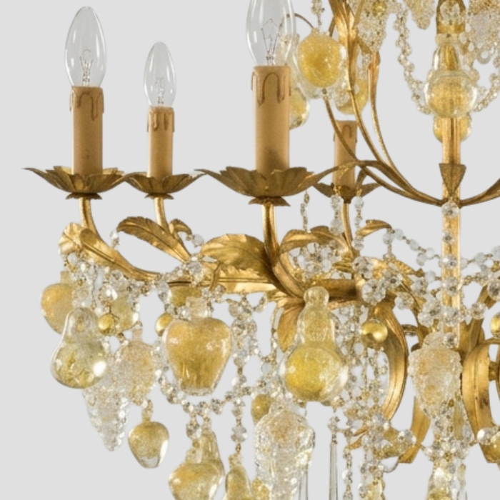 Large Golden Orchard Chandelier - Handcrafted Murano Glass Fruits on Gold Frame
