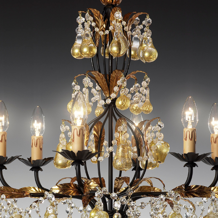 Detail of Golden Orchard Glass Chandelier with Handcrafted Murano Glass Fruits on Black and Gold Frame