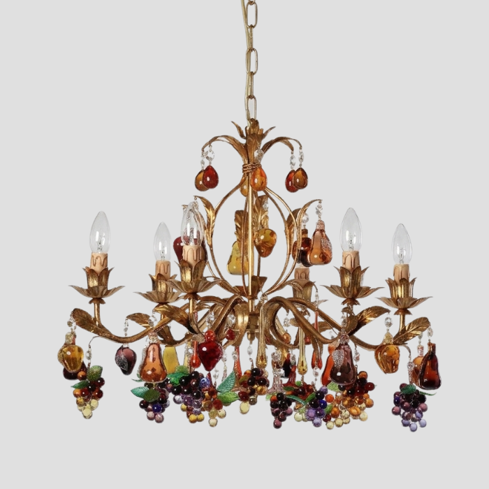 Murano glass chandelier with gold frame and glass ornaments in fruit shapes in rich colours