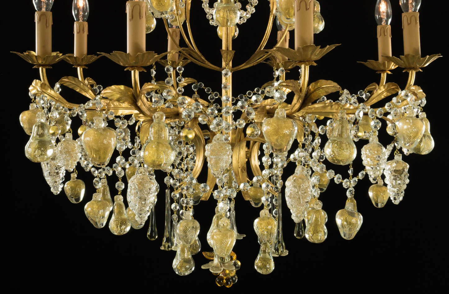 Golden Orchard Glass Chandelier with Handcrafted Murano Glass Fruits on Gold Frame