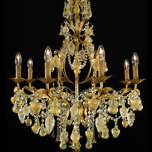 Golden Orchard Glass Chandelier with Handcrafted Murano Glass Fruits on Gold Frame