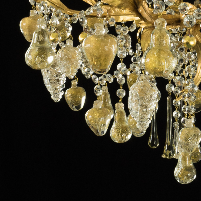 Golden Orchard Glass Chandelier with Handcrafted Murano Glass Fruits on Gold Frame