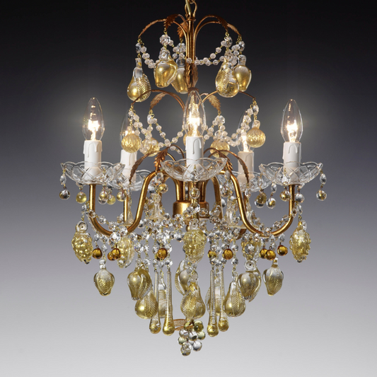 Golden Elegance Glass Chandelier with Handcrafted Glass Fruits and Crystal Chains
