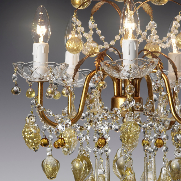 Detail of Golden Elegance Glass Chandelier with Handcrafted Glass Fruits and Crystal Chains