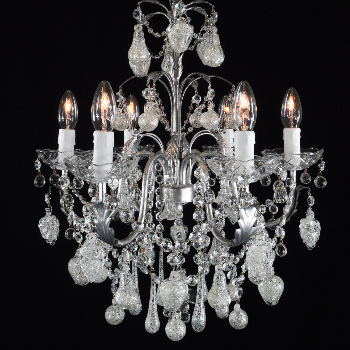 Silver Elegance Glass Chandelier with Handcrafted Glass Fruits and Crystal Chains
