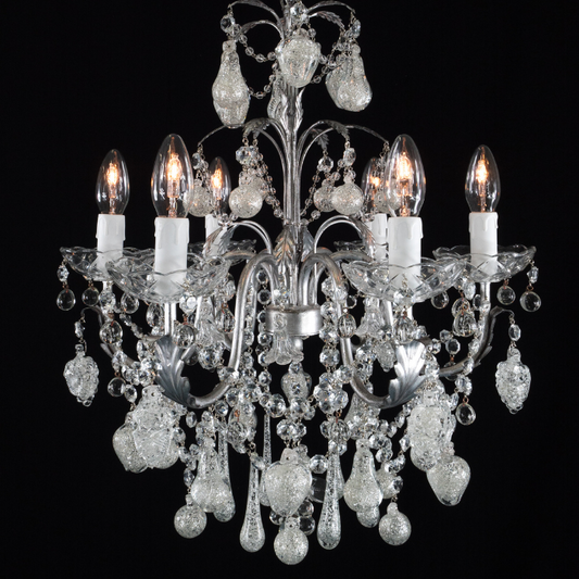 Silver Elegance Glass Chandelier with Handcrafted Glass Fruits and Crystal Chains