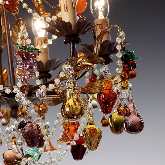Amber Orchard Glass Chandelier with Handcrafted Murano Glass Fruits on Gold Frame detail