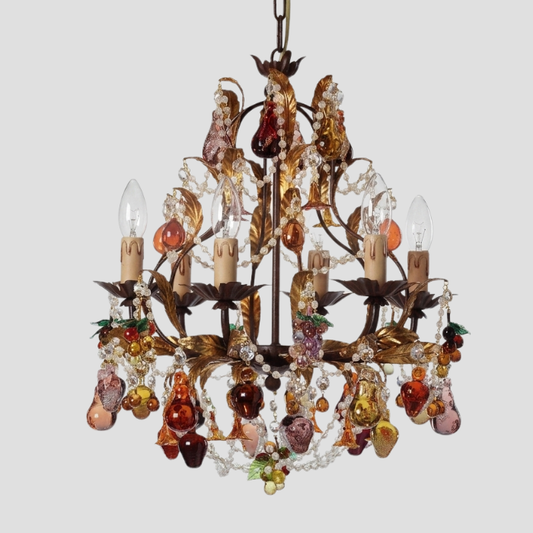 Murano glass chandelier with colourful glass ornaments in fruit shapes, in rich colours