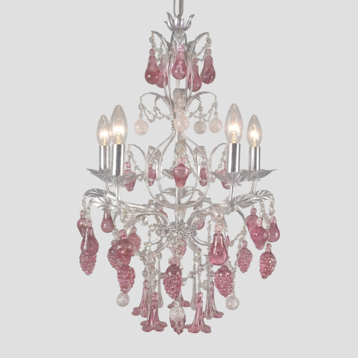 Murano glass chandelier with silver frame and ruby ornaments in fruti shapes