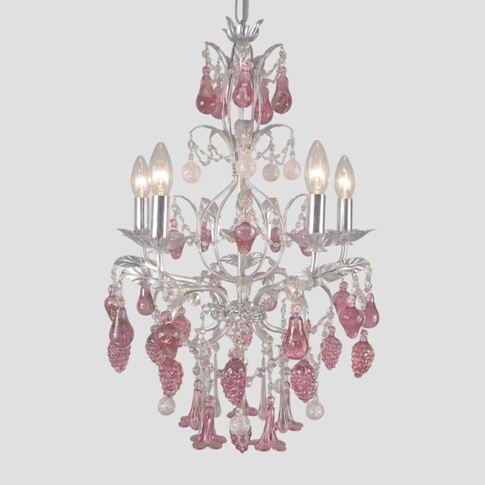 Murano glass chandelier with silver frame and ruby ornaments in fruti shapes