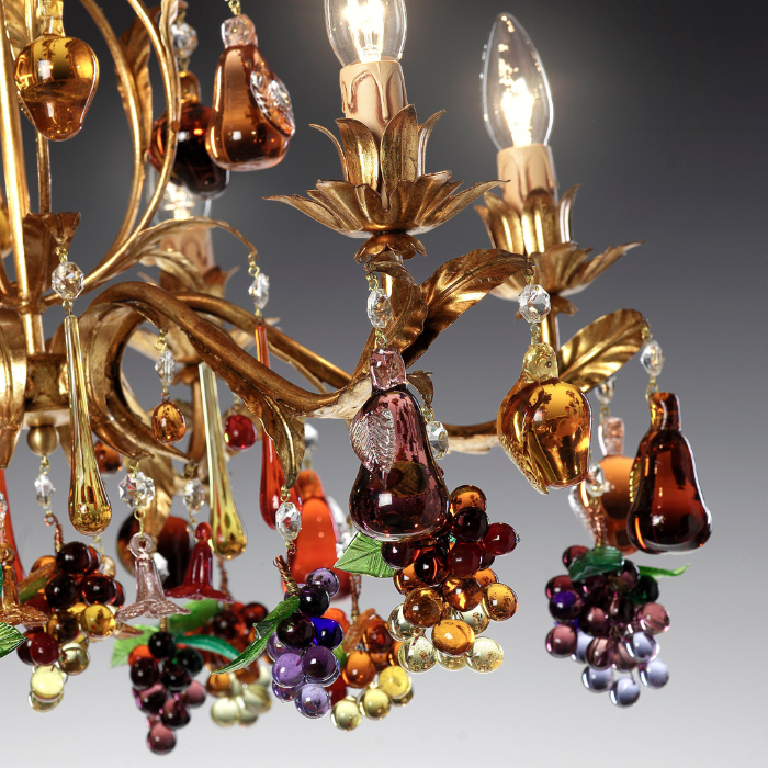 Detail of Venetian Vineyard Chandelier with Handcrafted Glass Grapes on Gold Frame
