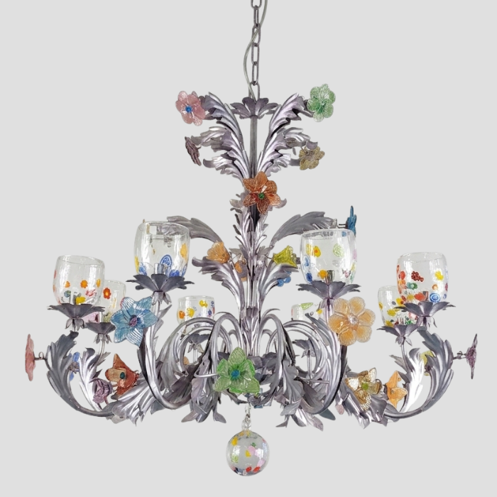 Murano glass chandelier with floral ornaments in pastel coloured glass on a silver frame