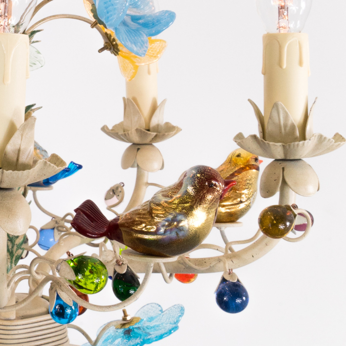 Detail of Enchanted Garden Chandelier with Handcrafted Murano Glass Flowers, Berries and Birds