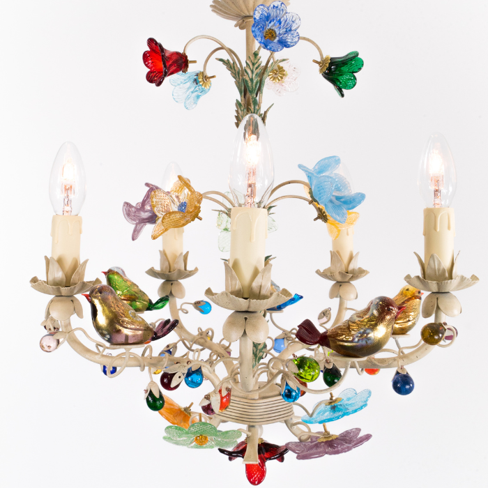 Enchanted Garden Chandelier with Handcrafted Murano Glass Flowers, Berries and Birds