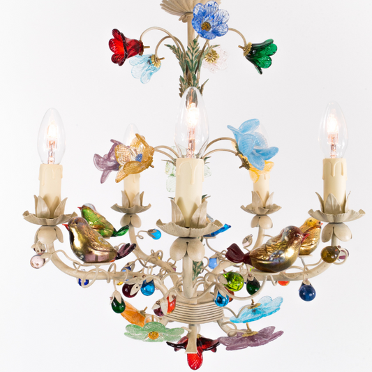Enchanted Garden Chandelier with Handcrafted Murano Glass Flowers, Berries and Birds
