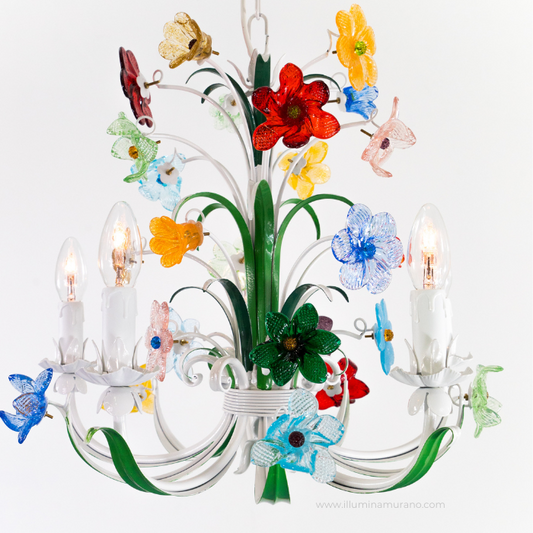 Bouquet Chandelier: Handcrafted Murano Glass Flowers on Tuscan Wrought Iron Frame