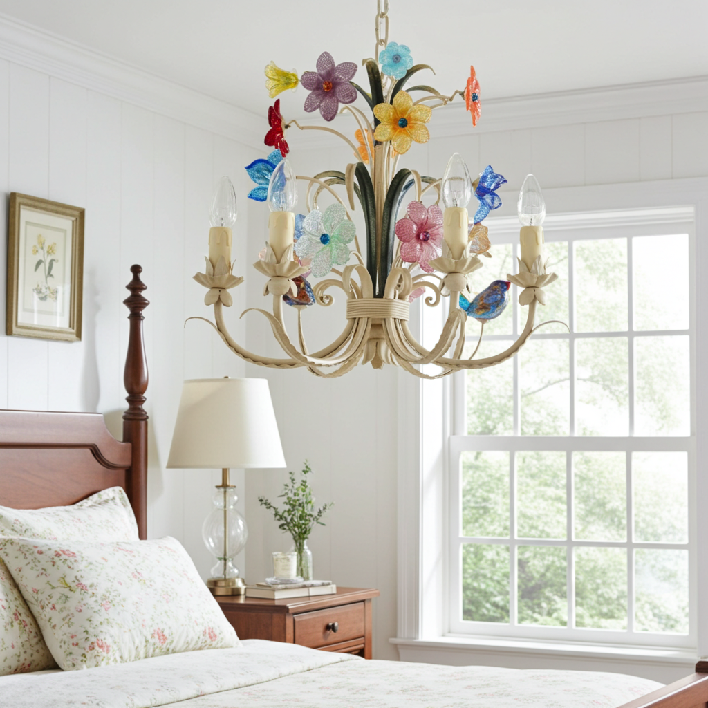 Decorative chandelier with colorful flowers in a bedroom setting