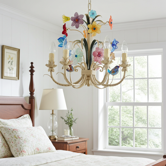Decorative chandelier with colorful flowers in a bedroom setting