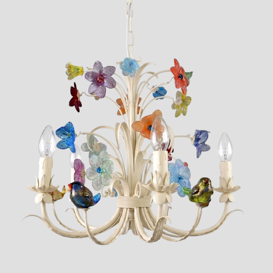 Murano glass chandelier with white painted frame and colourful glass flowers and birds