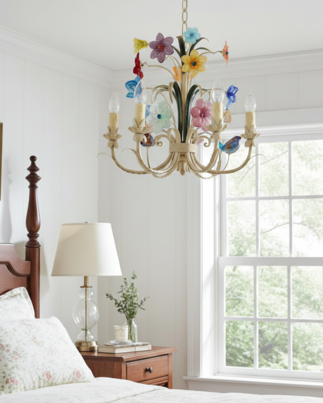 cream chandelier with glass flowers and birds birdsong blossom model