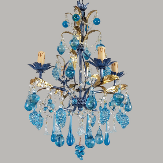 Cerulean Blue Jewel Orchard Chandelier - Handcrafted Murano Glass Fruits