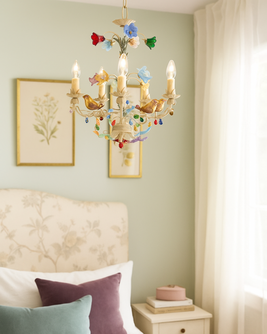 Enchanted Garden Chandelier - Handcrafted Murano Glass Flowers, Berries and Birds