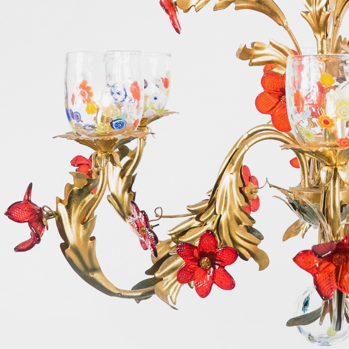 Blossom and Murrina Glass Chandelier (Ruby) - Gold Frame
