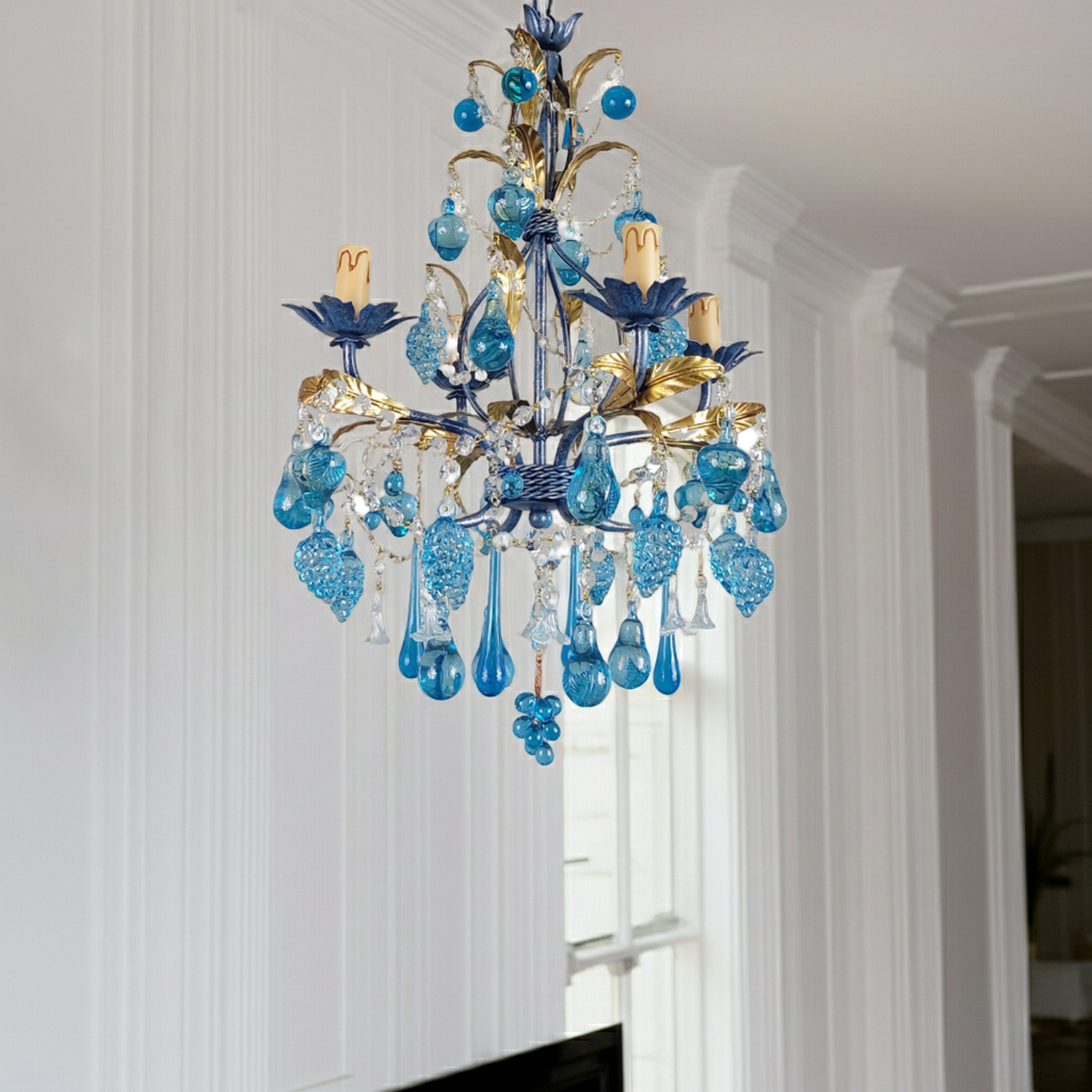 Cerulean Blue Jewel Orchard Chandelier - Handcrafted Murano Glass Fruits