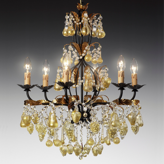 Golden Orchard Glass Chandelier with Handcrafted Murano Glass Fruits on Black and Gold Frame