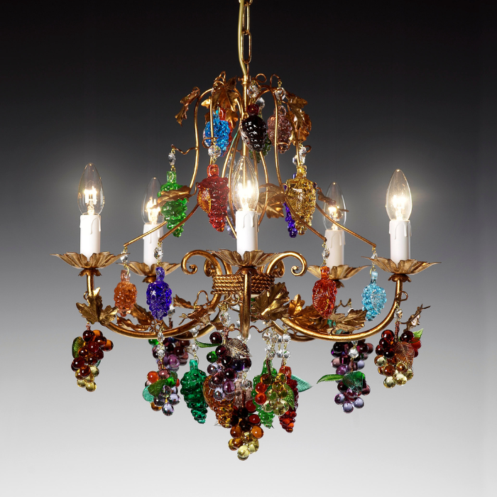 Grape Harvest Chandelier - Handcrafted Glass Fruit on Gold Frame