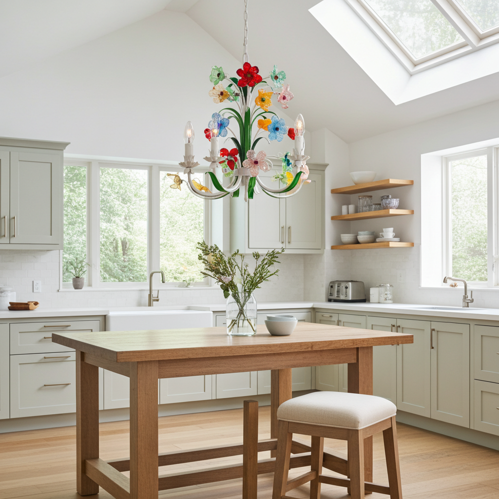 Bouquet Chandelier: Handcrafted Murano Glass Flowers on Tuscan Wrought Iron Frame