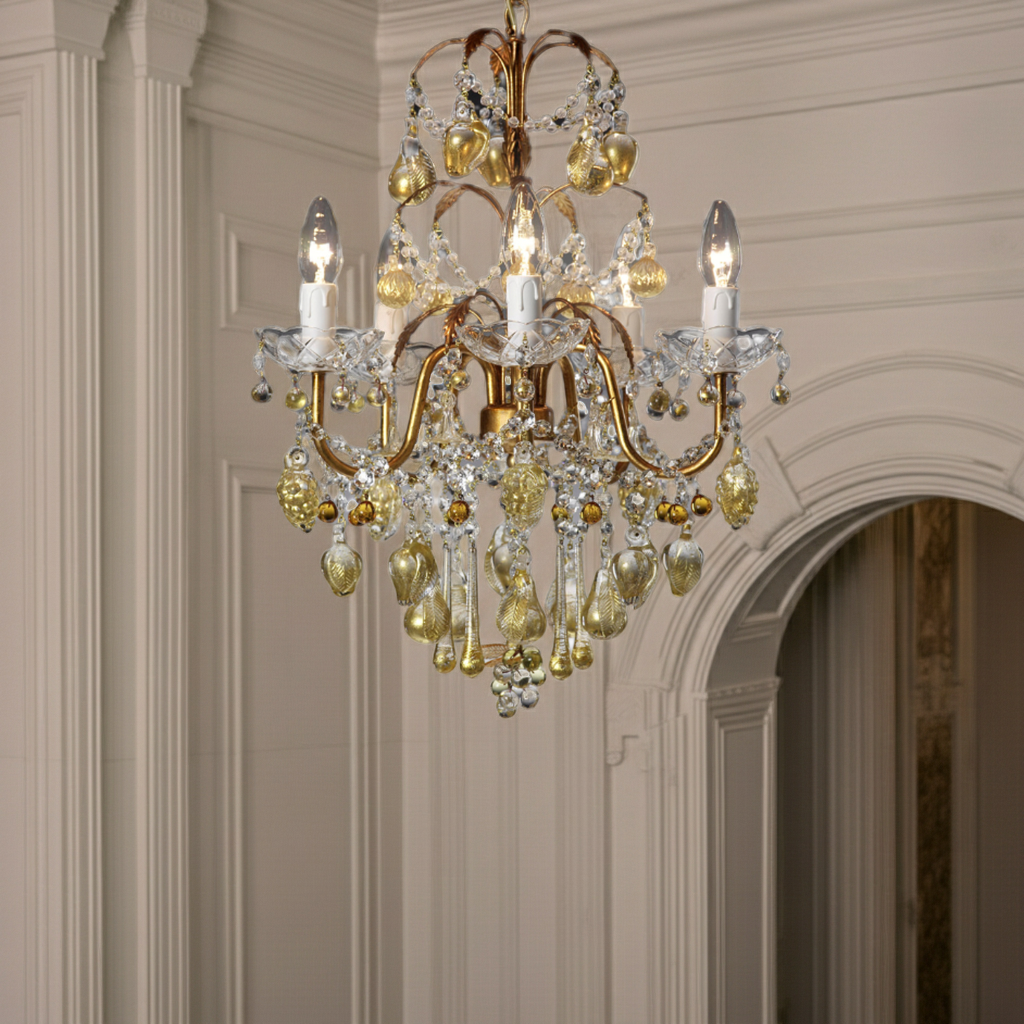 Golden Elegance Glass Chandelier - Handcrafted Glass Fruits and Crystal Chains