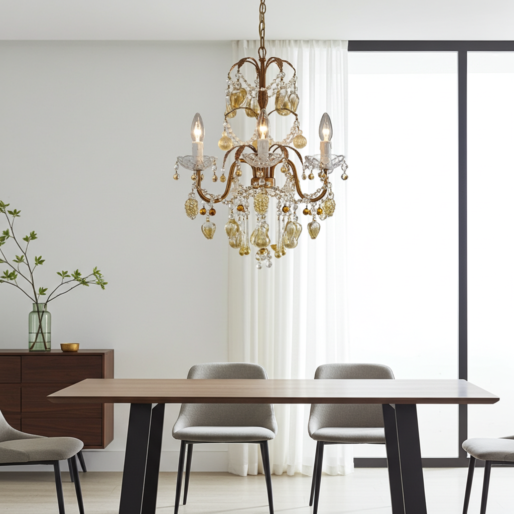 Golden Elegance Glass Chandelier - Handcrafted Glass Fruits and Crystal Chains