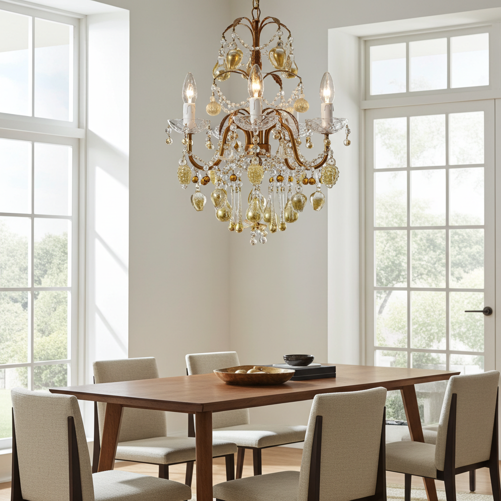 Golden Elegance Glass Chandelier - Handcrafted Glass Fruits and Crystal Chains