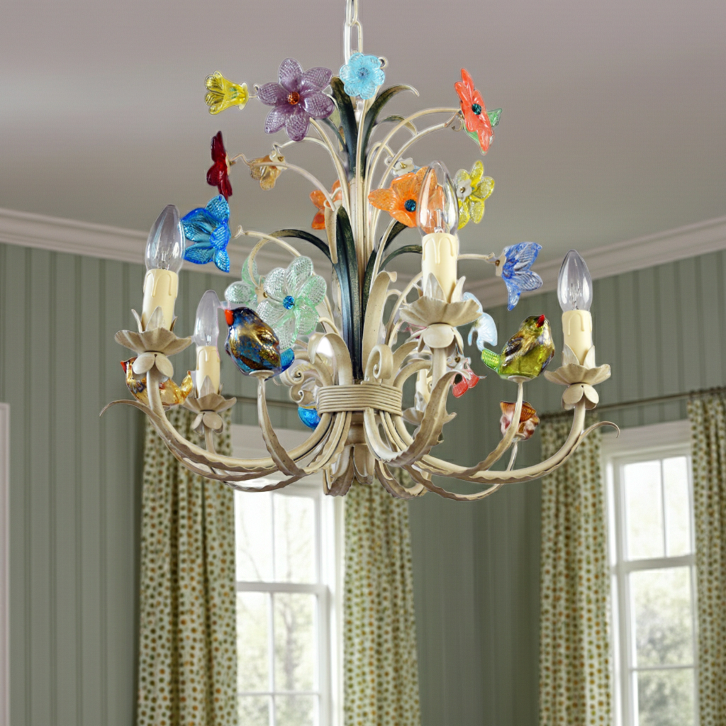 Birdsong Blossom Chandelier - Handcrafted Murano Glass Flowers and Birds